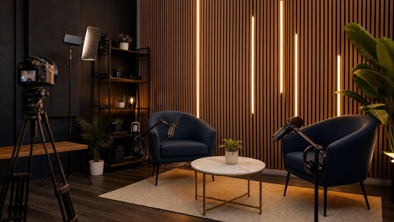 Podcast lounge with microphones and studio lighting
