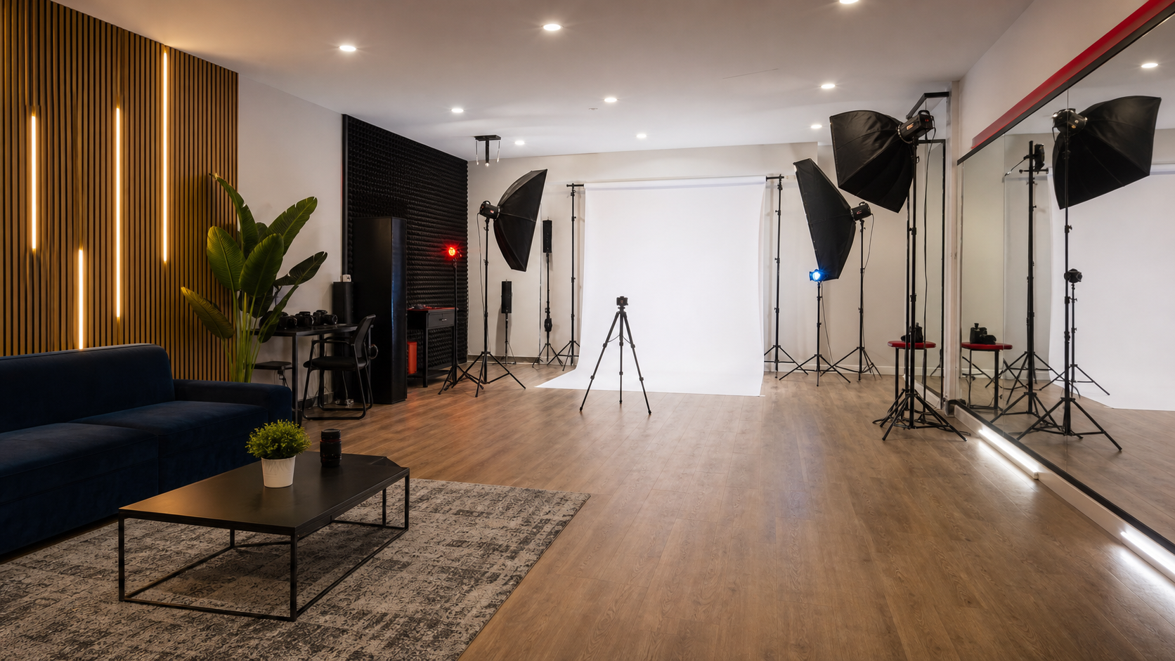 Flexible production studio with lights and backdrop